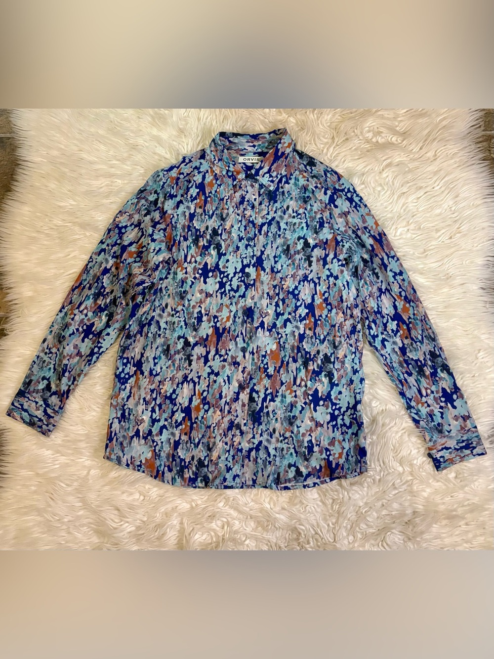 Orvis Blue Multi-Print Long Sleeve Button-Down Shirt 100% Silk